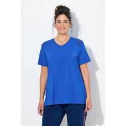 Damskie Bluzka funkcyjna wstawki z siateczki dekolt w serek rękaw 1/2. Niebieskie koszulki sportowe Ulla Popken, bez wzorów, z elastanu, bez ramiączek. Za 199.99 zł.