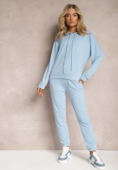 Jasnoniebieski Klasyczny Komplet Dresowy z Bluzą Kangurką i Spodniami Typu Jogger Salevia. Niebieskie bluzy Renee, m, bez wzorów, z dresówki, bez kaptura. Za 74.99 zł.