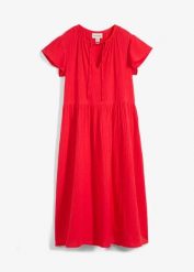 Sukienka midi z miękkiego bawełnianego muślinu. Czerwone sukienki bonprix, bez wzorów, z bawełny, bez kołnierzyka, bez ramiączek, midi. Za 117.99 zł.