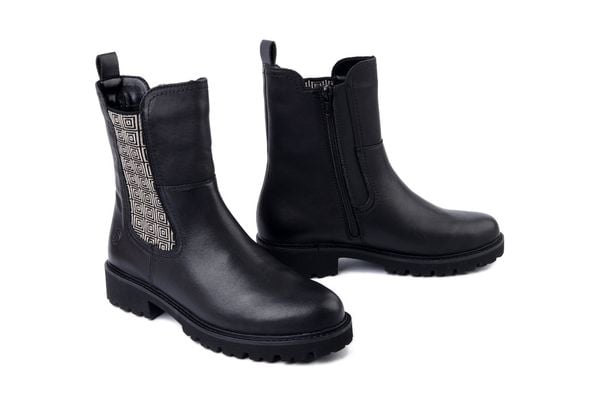 RIEKER REMONTE D8694-03 black combination, botki damskie. Czarne botki Rieker Remonte, bez wzorów, z polaru, bez obcasa, na obcasie, bez zapięcia. Za 382.42 zł.