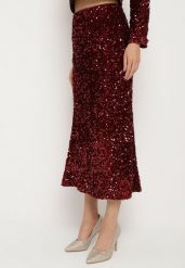 Bordowa Koktajlowa Spódnica Ozdobiona Cekinami i Gumką w Pasie Beriyana. Czerwone spódnice Born2be, na co dzień, l, bez wzorów, eleganckie, midi, proste. Za 149.99 zł.