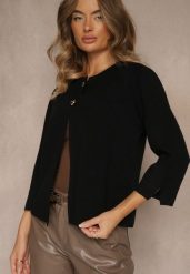 Czarny Elegancki Kardigan o Trapezowym Fasonie Zapinany na Dwa Guziki Unalia. Czarne golfy Renee, bez wzorów. Za 89.99 zł.