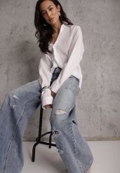 Niebieskie Szerokie Jeansy Palazzo z Bawełny z Dziurami i Przetarciami Erilenna. Niebieskie spodnie materiałowe Renee, na co dzień, l, bez wzorów, z bawełny, z podwyższonym stanem. Za 149.99 zł.