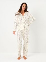Bawełniana piżama dwuczęściowa ze wzorem - kremowy. Białe piżamy Sinsay, bez wzorów, z bawełny, bez ramiączek. Za 79.99 zł.