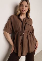 Brązowa Nietoperzowa Koszula Safari z Lnem i Wiskozą ze Ściągaczem w Pasie Mezriss. Brązowe koszule Born2be, uniwersalny, bez wzorów, z wiskozy, biznesowe, bez kołnierzyka, bez ramiączek. Za 99.99 zł.
