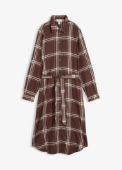 Sukienka midi z flaneli z czystej bawełny. Brązowe sukienki bonprix, bez wzorów, z bawełny, bez kołnierzyka, bez ramiączek, midi, dopasowane. Za 149.99 zł.