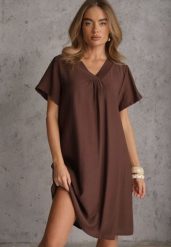 Brązowa Wiskozowa Sukienka Pudełkowa z Dekoltem w Serek Noludig. Brązowe sukienki Renee, na imprezę, l, bez wzorów, z materiału, bez kołnierzyka, plus size, bez ramiączek, midi. Za 79.99 zł.