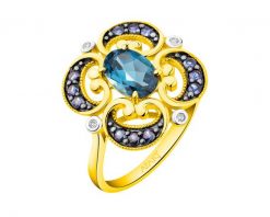 Pierścionek z żółtego złota z diamentami, szafirami i topazem London Blue - próba 585. Niebieskie pierścionki Apart, z diamentem, złote. Za 3,490.00 zł.