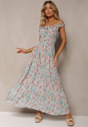 Miętowa Kwiecista Sukienka Rozkloszowana z Bawełny na Ramiączkach Kalassia. Zielone sukienki Renee, na co dzień, l, bez wzorów, z bawełny, eleganckie, bez kołnierzyka, bez ramiączek, maxi, rozkloszowane. Za 59.99 zł.