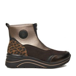 Botki Remonte. Brązowe botki Remonte, bez wzorów, bez obcasa, na koturnie, bez zapięcia. Za 399.99 zł.