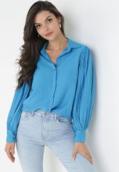 Niebieska Koszula z Plisowanymi Rękawami Leophone. Niebieskie koszule Born2be, bez wzorów, eleganckie, bez kołnierzyka, bez ramiączek. Za 89.99 zł.