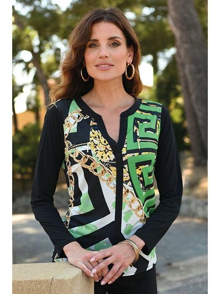 Bleu d'Azur Bluzka "Amaretto" w kolorze zielono-czarnym rozmiar: 38. Czarne bluzki Bleu d'Azur, w ażurowe wzory, klasyczne, bez kołnierzyka, bez ramiączek. Za 189.29 zł.