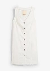 Sukienka dżinsowa. Białe sukienki bonprix, bez wzorów, bez kołnierzyka, bez ramiączek, plisowane. Za 142.99 zł.