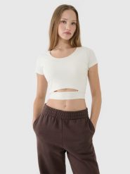 4F T-shirt crop top gładki damski - biały XL. Białe t-shirty 4f, xl, bez wzorów, z bawełny, bez kołnierzyka, bez ramiączek. W wyprzedaży za 39.99 zł.
