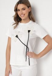 Biały T-shirt z Bawełny Ozdobiony Kwiatami Marionis. Białe t-shirty Born2be, m, z aplikacjami, z bawełny, bez kołnierzyka, bez ramiączek. Za 39.99 zł.