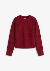 Sweter ze wzorem warkoczowym. Fioletowe swetry bonprix, bez wzorów, bez ramiączek. Za 149.99 zł.