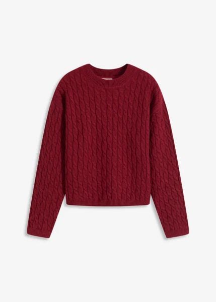 Sweter ze wzorem warkoczowym. Fioletowe swetry bonprix, bez wzorów, bez ramiączek. Za 149.99 zł.