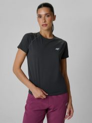 4F Koszulka do biegania regular szybkoschnąca damska - szara XS. Szare bluzki 4f, s, bez wzorów, z materiału, bez kołnierzyka, bez ramiączek. Za 129.99 zł.