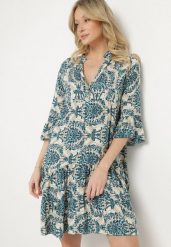 Granatowo-Beżowa Rozkloszowana Sukienka z Bawełny z Falbanami w Ornamentalny Wzór Lanoreth. Niebieskie sukienki Born2be, na co dzień, l, bez wzorów, z bawełny, klasyczne, bez kołnierzyka, bez ramiączek, mini, proste. Za 49.99 zł.