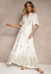 Biała Rozkloszowana Sukienka Boho z Wiskozy Zdobiona Haftem i Wiązaniem Falvania. Białe sukienki Renee, na randkę, l, z aplikacjami, z jeansu, boho, bez kołnierzyka, bez ramiączek, maxi, rozkloszowane. W wyprzedaży za 127.99 zł.