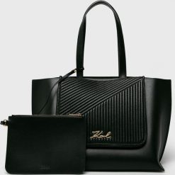 Karl Lagerfeld - Torebka skórzana. Czarne shopper KARL LAGERFELD, bez wzorów, z materiału, casualowe, do ręki, średnie, bez dodatków. W wyprzedaży za 999.90 zł.