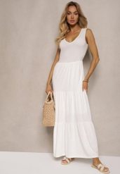 Biała Rozkloszowana Sukienka Maxi z Bawełnianej Tkaniny Galaise. Białe sukienki Renee, na co dzień, na lato, l, bez wzorów, z bawełny, eleganckie, bez kołnierzyka, bez ramiączek, maxi, rozkloszowane. Za 84.99 zł.