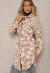 Brązowa Koszulowa Sukienka Szmizjerka w Kratkę Vichy z Kieszeniami i Paskiem Daislen. Brązowe sukienki Renee, na co dzień, l, bez wzorów, eleganckie, bez kołnierzyka, bez ramiączek, kopertowe. Za 129.99 zł.