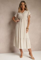 Beżowa Rozkloszowana Sukienka z Bawełny Zdobiona Guzikami Folennea. Brązowe sukienki Renee, na co dzień, l, z aplikacjami, z bawełny, eleganckie, bez kołnierzyka, bez ramiączek, midi, rozkloszowane. Za 49.99 zł.