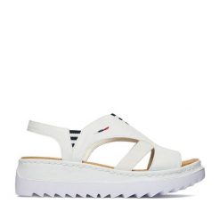 Sandały Rieker. Białe sandały Rieker, bez wzorów, bez obcasa, na koturnie, bez zapięcia. Za 319.99 zł.
