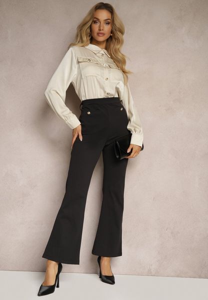 Czarno-Beżowy Kombinezon z Koszulową Górą Zdobiony Wiązaniem i Eleganckimi Guzikami Eliti. Czarne sukienki Renee, do pracy, l, z aplikacjami, biznesowe, bez kołnierzyka, bez ramiączek, koszulowe. Za 149.99 zł.