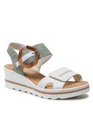 Rieker Sandały 67476-81 Biały. Białe sandały Rieker, bez wzorów, z materiału, bez obcasa, na koturnie, bez zapięcia. Za 259.99 zł.