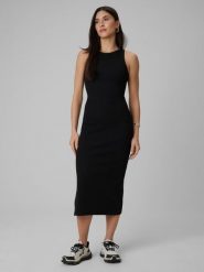 4F Sukienka z prążkowanej dzianiny damska - czarna S. Czarne sukienki 4f, na co dzień, s, bez wzorów, z dzianiny, klasyczne, bez kołnierzyka, bez ramiączek, maxi, dopasowane. Za 129.99 zł.