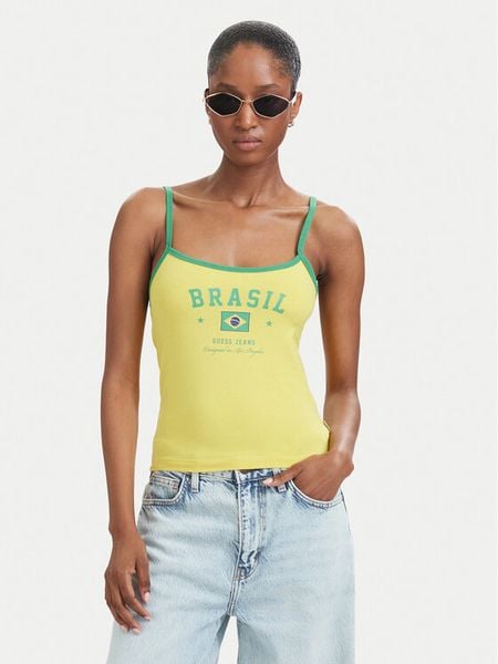 Guess Jeans Top W6YP20 K4202 Czerwony Slim Fit. Czerwone topy Guess Jeans, m, z aplikacjami, z bawełny, bez kołnierzyka, bez ramiączek. Za 116.99 zł.