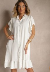 Biała Koszulowa Sukienka Ozdobiona Falbankami i Guzikami Tenelora. Białe sukienki Renee, na co dzień, bez wzorów, eleganckie, bez kołnierzyka, bez ramiączek, midi, koszulowe. Za 54.99 zł.