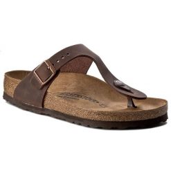 Japonki Birkenstock. Brązowe klapki Birkenstock, bez wzorów, bez obcasa. Za 539.99 zł.