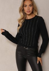 Czarny Sweter z Wiskozą Ozdobiony Cyrkoniami i Tłoczeniem Berini. Czarne swetry Renee, l, z aplikacjami, z jeansu, bez ramiączek. Za 69.99 zł.