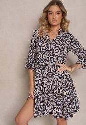 Granatowa Sukienka Bawełniana o Rozkloszowanym Kroju w Etniczny Print Zalivine. Niebieskie sukienki Renee, na co dzień, na lato, l, z aplikacjami, z bawełny, eleganckie, bez kołnierzyka, bez ramiączek, mini, rozkloszowane. Za 39.99 zł.