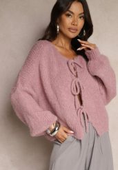 Różowy Kardigan z Wełną o Kroju Oversize z Wiązanymi Kokardami Elearina. Czerwone kardigany Renee, bez wzorów, z jeansu. Za 129.99 zł.