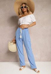 Niebieskie Spodnie High Waist o Kroju Bojówek z Kieszeniami Wykończone Gumką w Pasie Efiene. Niebieskie spodnie materiałowe Renee, na co dzień, l, bez wzorów, z jeansu, z podwyższonym stanem. Za 44.99 zł.