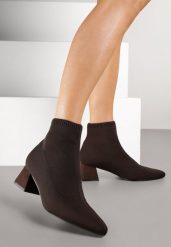 Brązowe Botki na Stożku ze Skarpetową Cholewką Tulonia. Brązowe botki Renee, bez wzorów, bez obcasa, na obcasie, bez zapięcia. Za 139.99 zł.