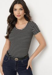 Czarno-Biała Koszulka T-shirt z Bawełny z Krótkim Rękawem w Paski Ernlea. Czarne bluzki Born2be, l, bez wzorów, z bawełny, bez kołnierzyka, bez ramiączek. Za 59.99 zł.