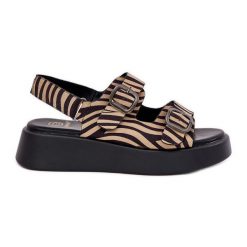 Sandały Damskie Na Platformie I Koturnie Z Klamrami Zebra Beżowo-Czarne beżowy. Brązowe sandały bez wzorów, eleganckie, bez obcasa, na koturnie, bez zapięcia. Za 163.66 zł.