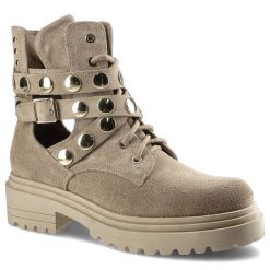 Botki damskie Carinii, sznurowany fason cholewka ze skóry naturalnej zamszowej podwyższona cholewka za kostkę ozdobne paski z metalowymi nitami masyw. Brązowe botki Carinii, na wiosnę, w ażurowe wzory, z jeansu, za kostkę, bez obcasa, na płaskiej podeszwie, bez zapięcia. Za 329.00 zł.