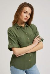 Koszula z krótkim rękawem i kieszeniami khaki. Brązowe koszule MOODO, xl, bez wzorów, bez kołnierzyka, bez ramiączek. W wyprzedaży za 44.99 zł.