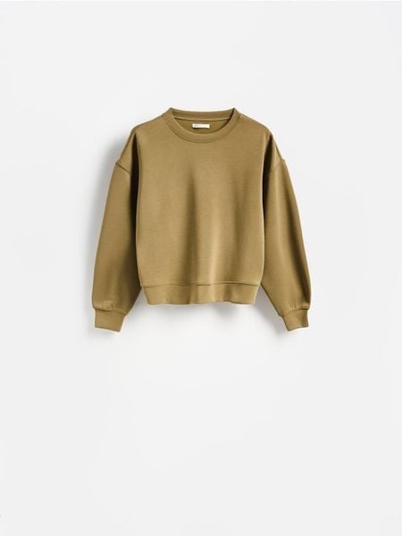 Bluza z modalem - oliwkowy. Zielone bluzy Reserved, l, bez wzorów, z dzianiny, bez kaptura. Za 99.99 zł.