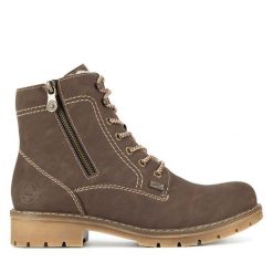 Botki Rieker. Brązowe botki Rieker, bez wzorów, bez obcasa, na płaskiej podeszwie, bez zapięcia. Za 293.99 zł.