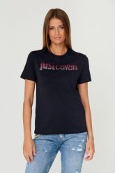 JUST CAVALLI Czarny damski t-shirt R LOGO CRYSTAL, Rozmiar XS. Czarne t-shirty Just Cavalli, s, bez wzorów, z bawełny, bez kołnierzyka, bez ramiączek. W wyprzedaży za 299.99 zł.
