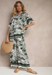Ciemnozielony Komplet z Wiskozy Koszula i Spodnie z Motywem Roślinnym Ridiene. Zielone koszule Renee, l, bez wzorów, z materiału, eleganckie, bez kołnierzyka, bez ramiączek. Za 99.99 zł.