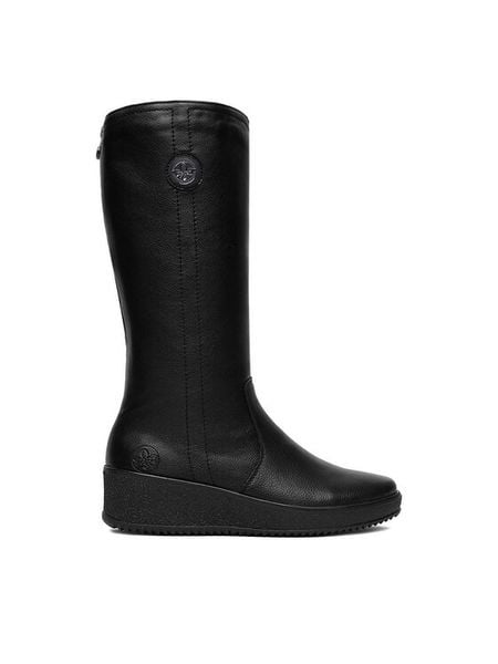 Rieker Kozaki CEO-Y4470-01 Czarny. Czarne kozaki Rieker, ze skóry, bez obcasa, na koturnie, bez zapięcia. Za 429.99 zł.