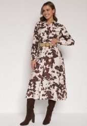 Brązowa Koszulowa Sukienka z Wiskozą w Krowie Łaty z Paskiem Domumbria. Brązowe sukienki Born2be, na lato, l, bez wzorów, z wiskozy, bez kołnierzyka, bez ramiączek, midi, dopasowane. Za 129.99 zł.